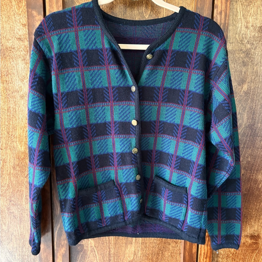 Vintage Tally Ho Tartan Plaid Cardigan with Pockets